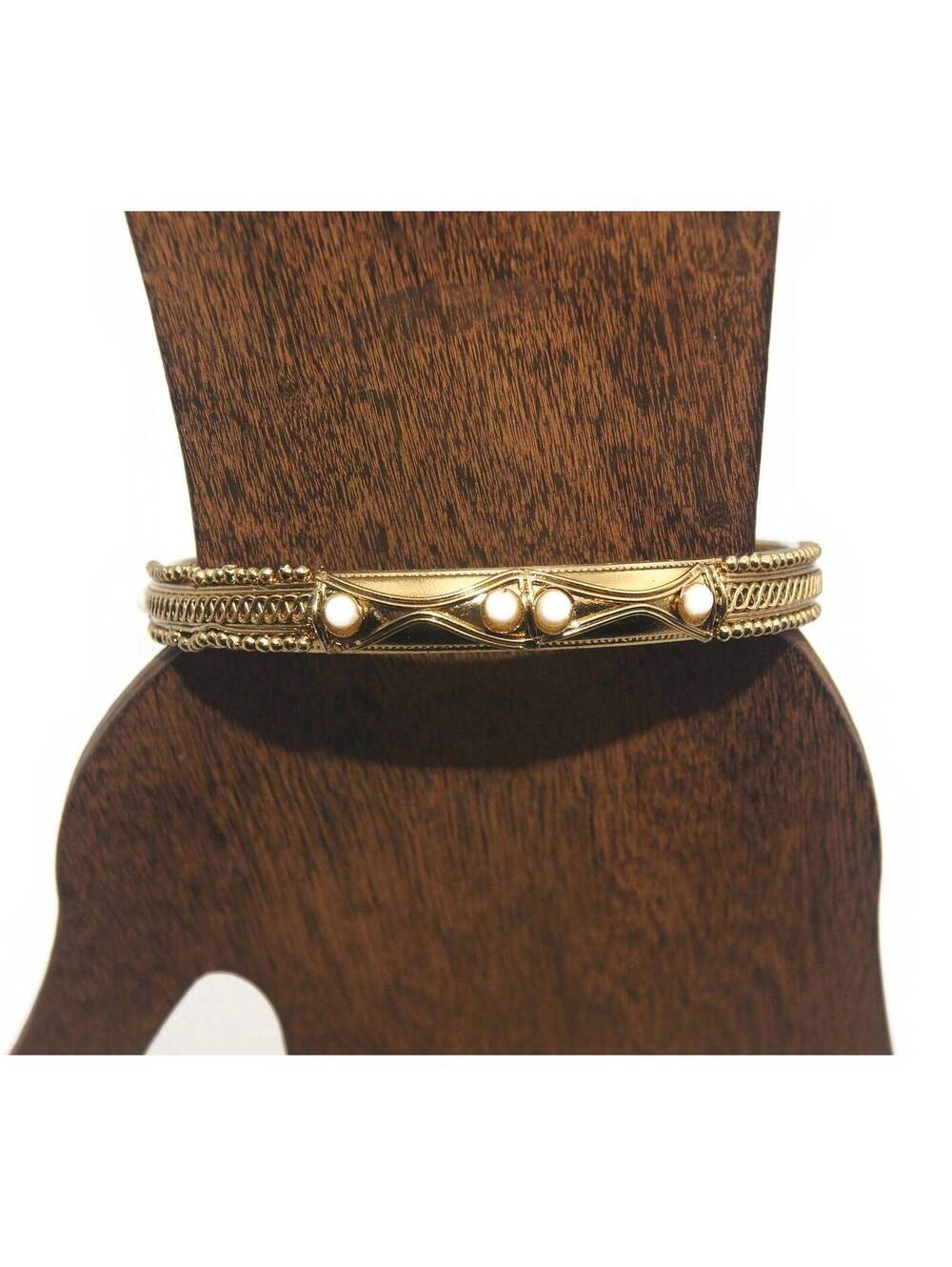 Vintage Gold Tone and White Plastic Beads 8 Inch Bangle Bracelet.